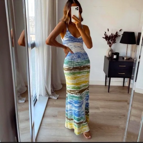 ZARA Long multicolored Knit summer dress crochet sweater Maxi dress size Small - Picture 1 of 11